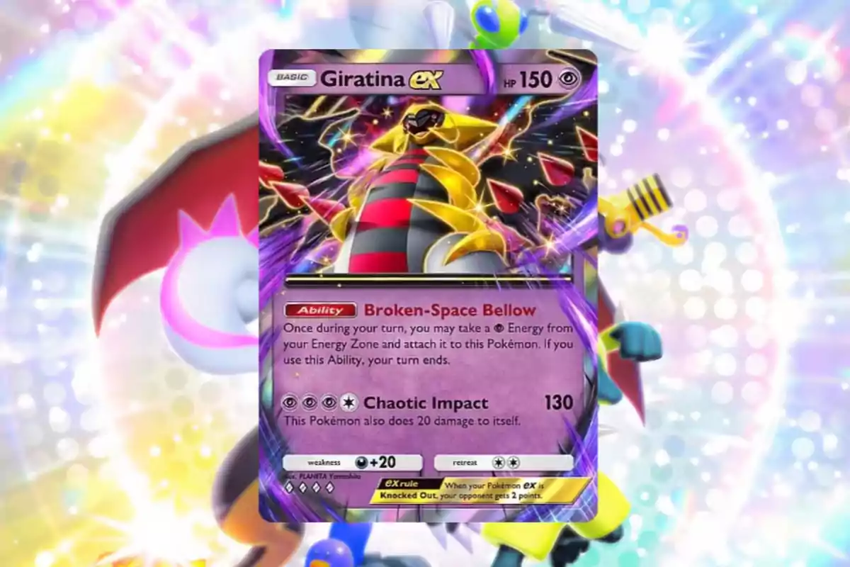 Pokémon card Giratina EX with colorful background and details of abilities and attack points.