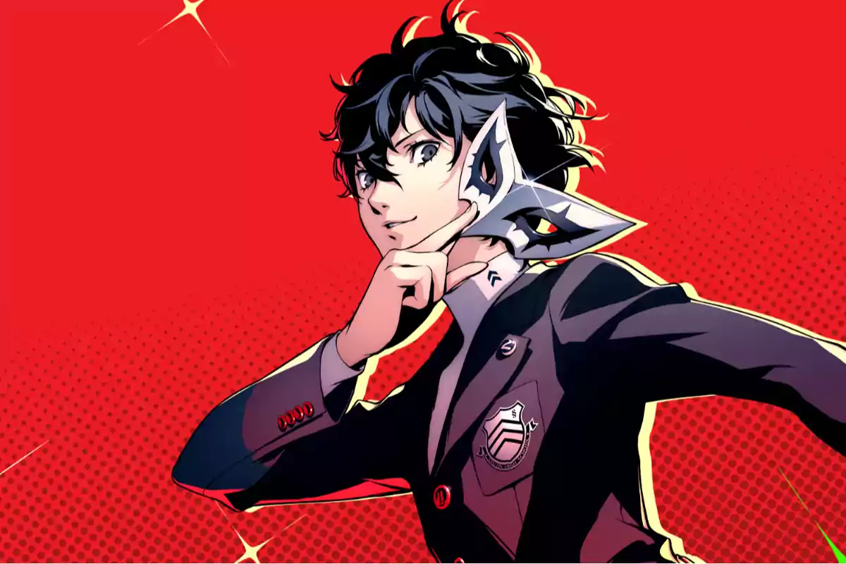 An anime character with dark, curly hair holds a mask in their hand while wearing a school uniform against a red background.