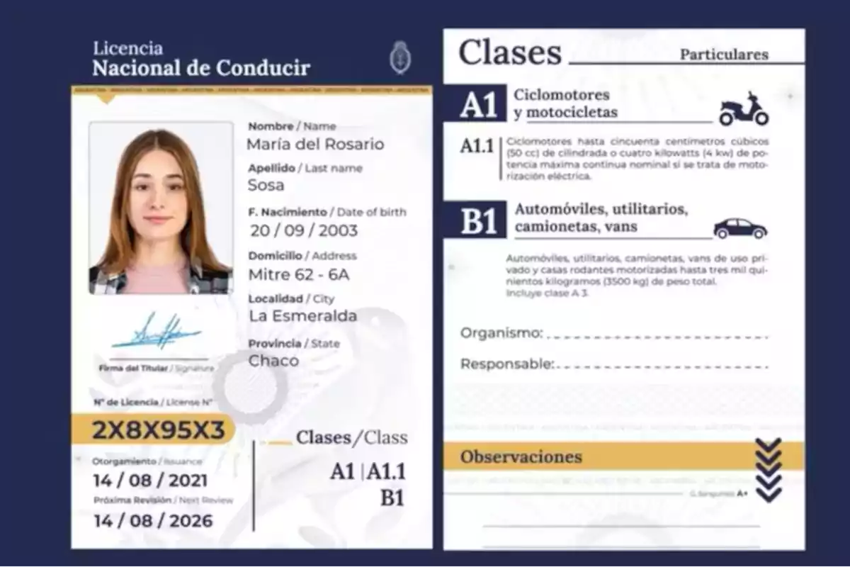 An Argentine driver's license with personal information, a person's photo, permitted vehicle classes, and issuance and expiration details.