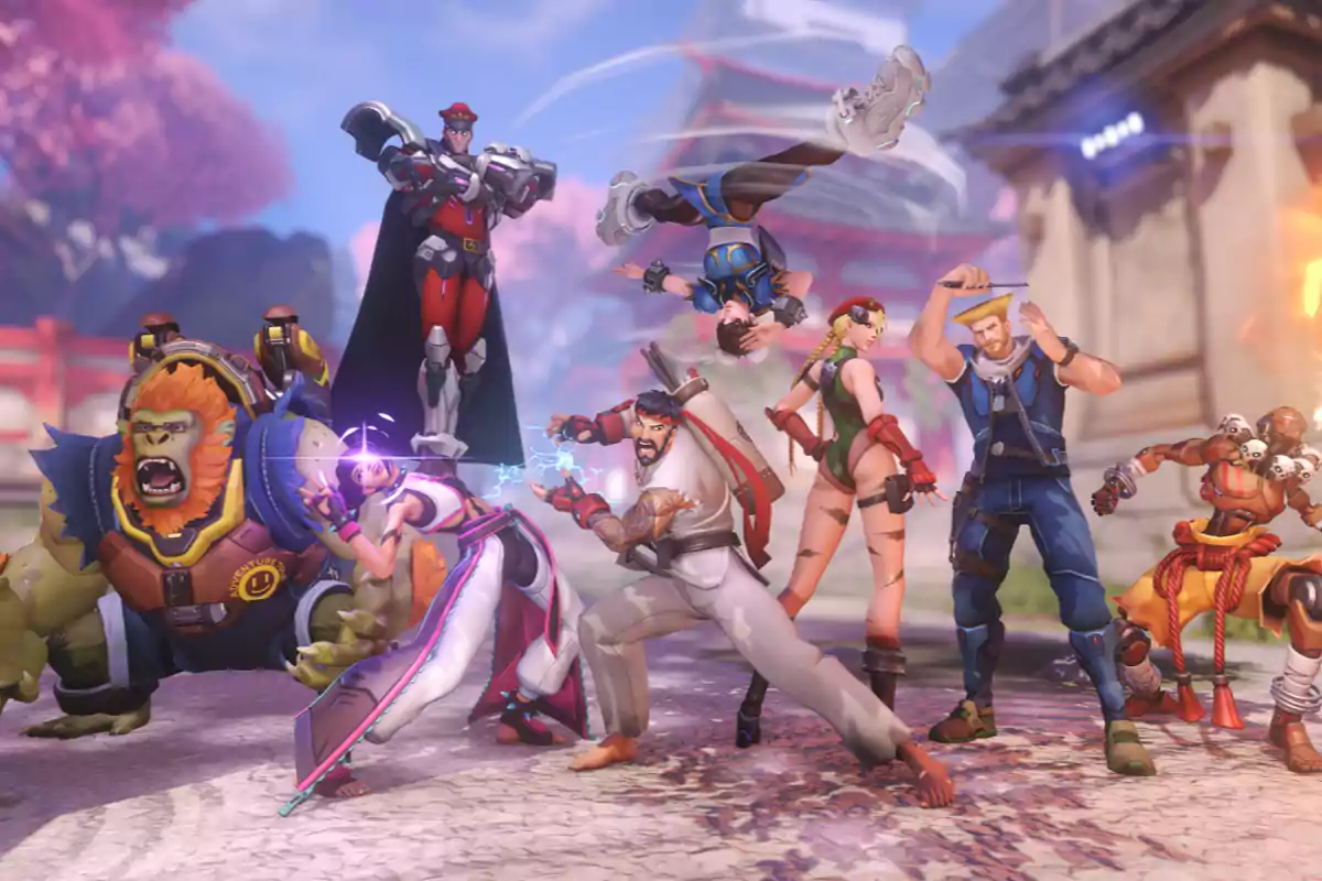 A group of video game characters in action poses in an outdoor setting with cherry blossom trees and traditional Japanese architecture in the background.
