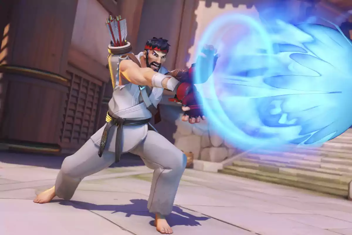 A video game character in an attack position launching a blue energy sphere. A video game character in an attack position launching a blue energy sphere.