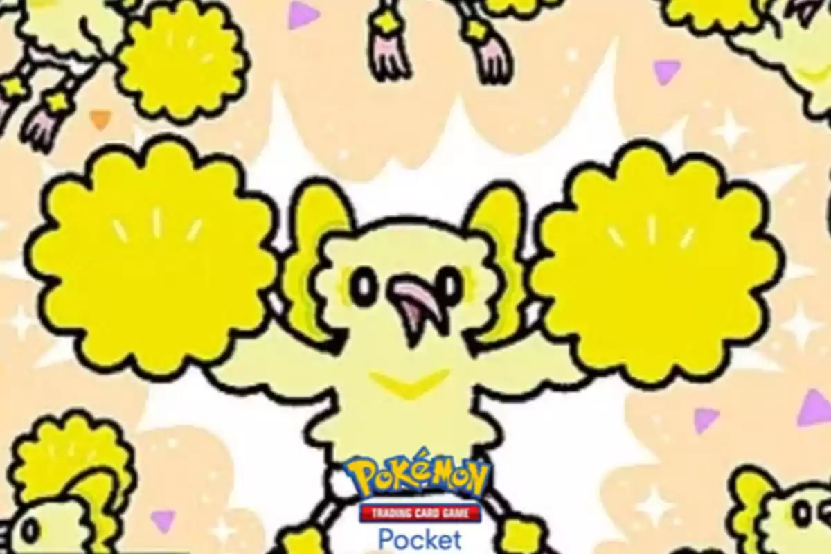 An illustration of a yellow character with pom-poms in a cartoon style, surrounded by a background with geometric shapes and the Pokémon Trading Card Game Pocket logo.