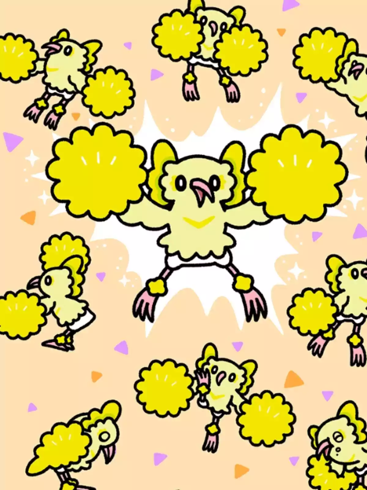 A drawing of several yellow birds with pom-poms on a peach-colored background with geometric shapes. A drawing of several yellow birds with pom-poms on a peach-colored background with geometric shapes.