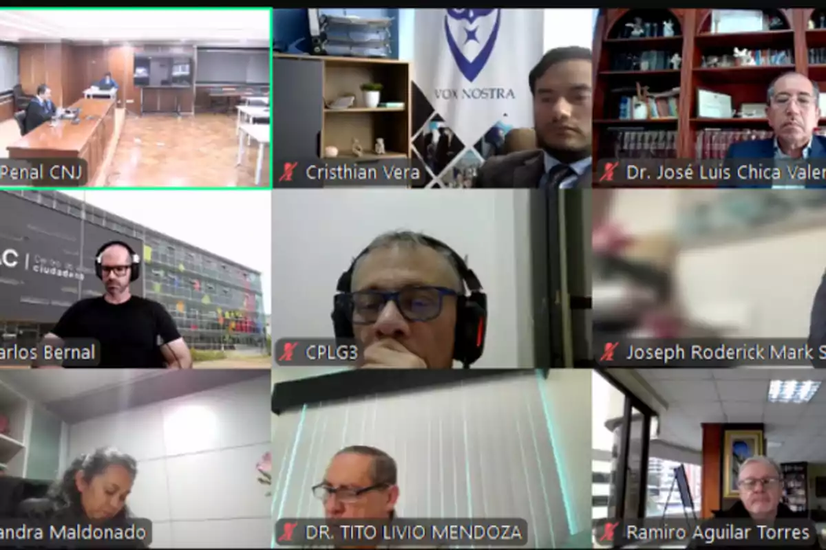 Una videollamada grupal con varias personas en diferentes ubicaciones, algunas en oficinas y otras en espacios con estanterías y decoraciones, todos con sus micrófonos silenciados. Una videollamada grupal con varias personas en diferentes ubicaciones, algunas en oficinas y otras en espacios con estanterías y decoraciones, todos con sus micrófonos silenciados.