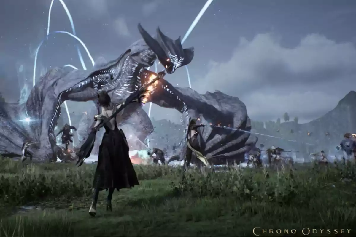 A scene from a video game shows several characters fighting against a huge monster in a green landscape, with light and magic effects in the air.