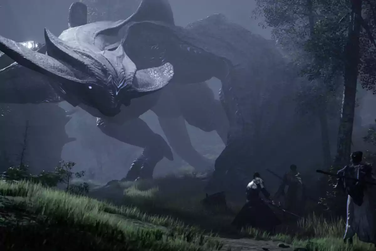A group of warriors faces a giant creature in a dark and mysterious forest. A group of warriors faces a giant creature in a dark and mysterious forest.