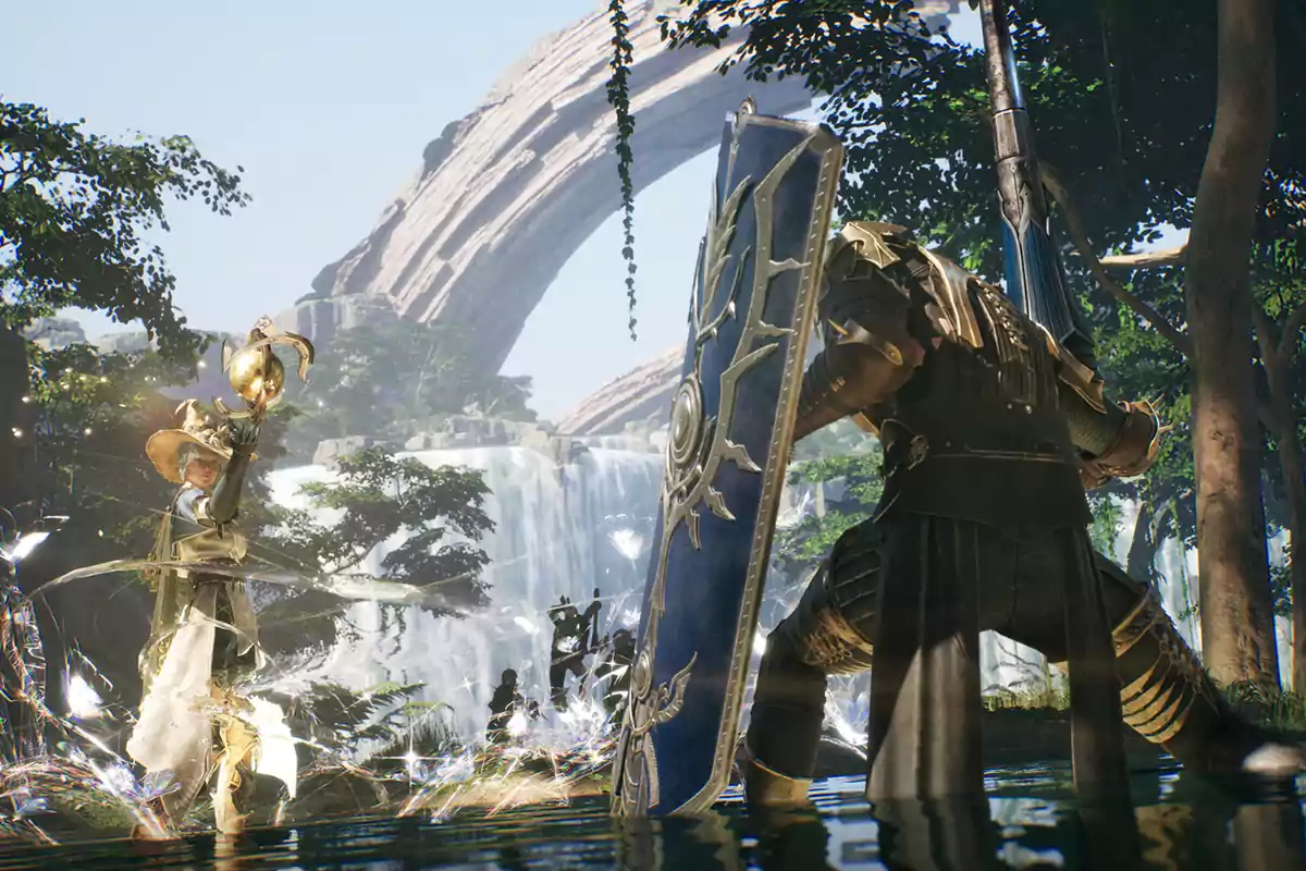 Two armored characters face off in a fantasy setting with a stone arch and waterfalls in the background. Two armored characters face off in a fantasy setting with a stone arch and waterfalls in the background.