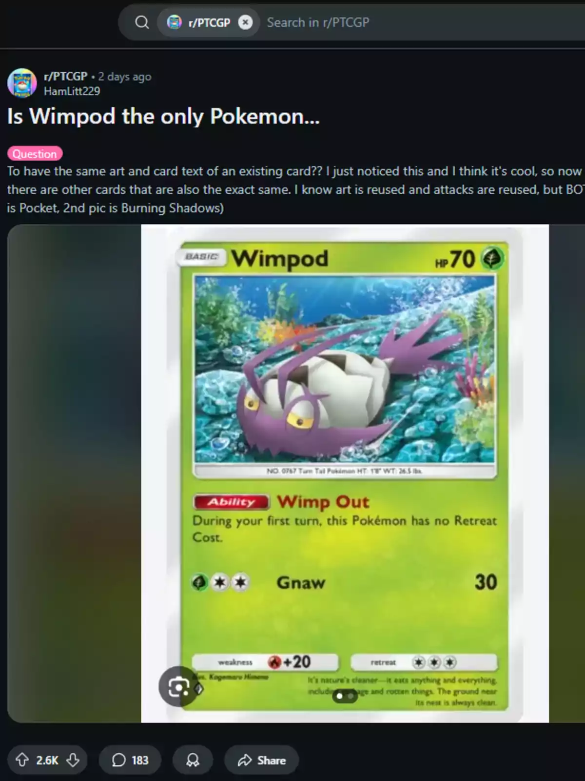 La imagen muestra una publicación en Reddit en el subreddit r/PTCGP, donde un usuario pregunta si Wimpod es el único Pokémon que tiene el mismo arte y texto de una carta existente. La publicación incluye una imagen de una carta de Pokémon de Wimpod con detalles como su habilidad La imagen muestra una publicación en Reddit en el subreddit r/PTCGP, donde un usuario pregunta si Wimpod es el único Pokémon que tiene el mismo arte y texto de una carta existente. La publicación incluye una imagen de una carta de Pokémon de Wimpod con detalles como su habilidad