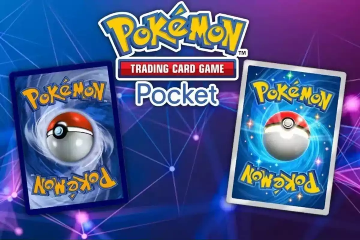 Dos cartas del juego de cartas coleccionables de Pokémon con un fondo azul y púrpura.