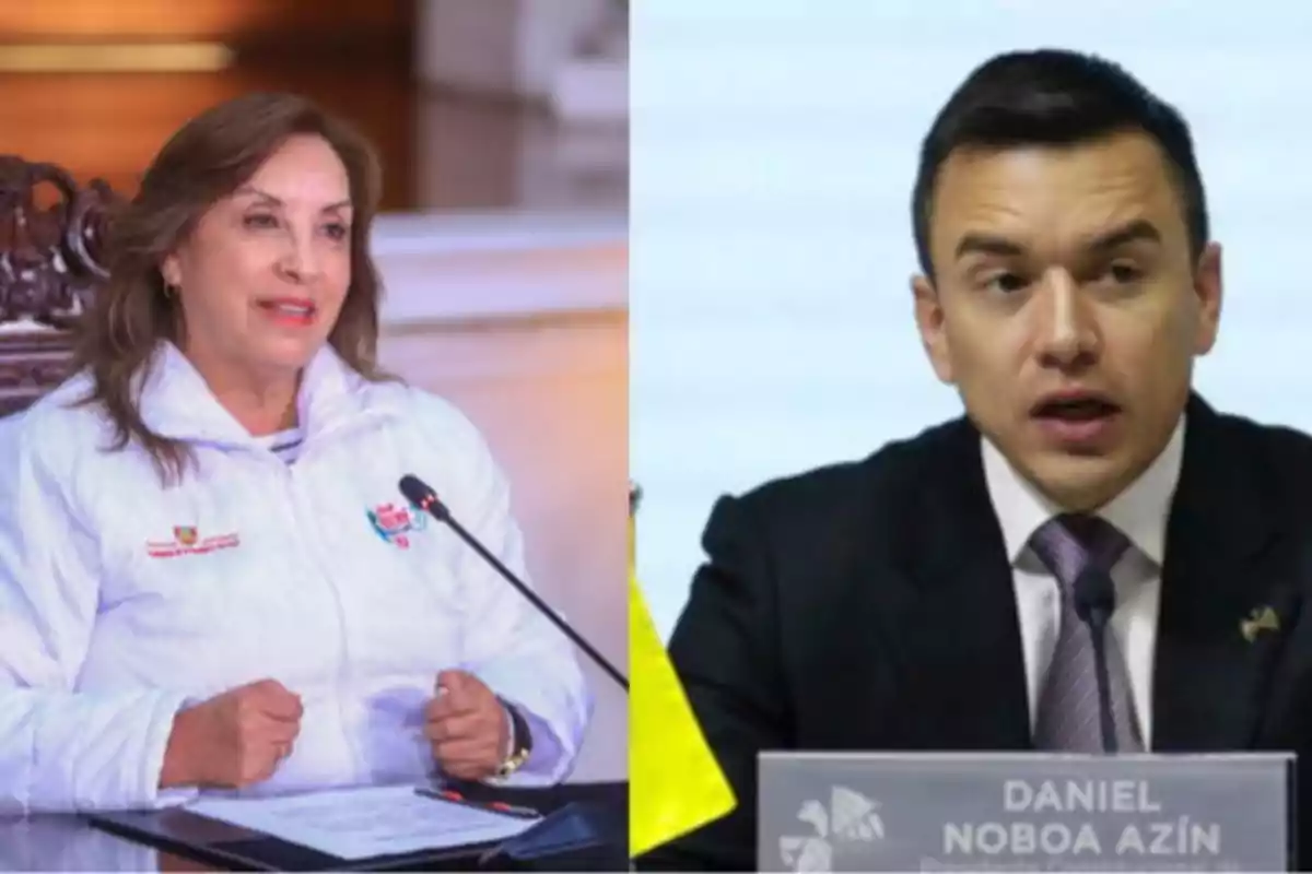 Dos personas en un entorno formal, una mujer con chaqueta blanca y un hombre con traje oscuro, ambos frente a micrófonos.