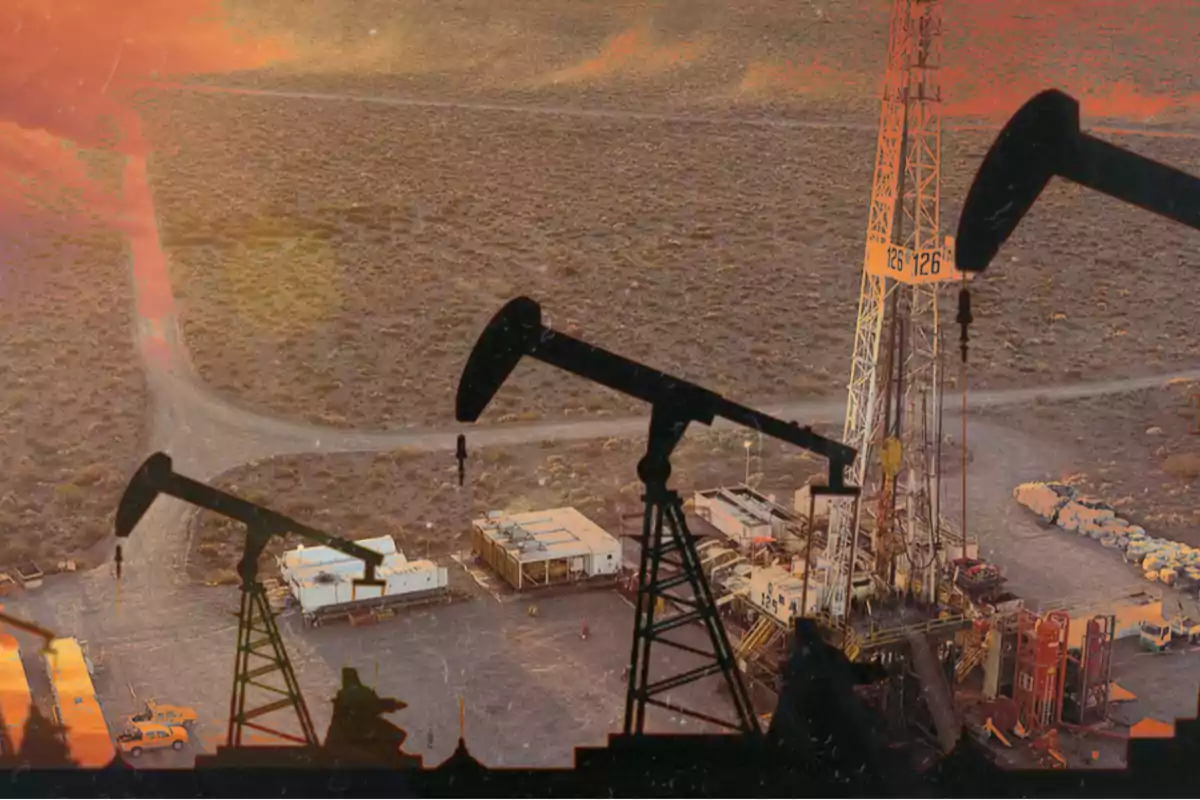 Oil field with pump jacks and a drilling rig in a desert landscape. Oil field with pump jacks and a drilling rig in a desert landscape.