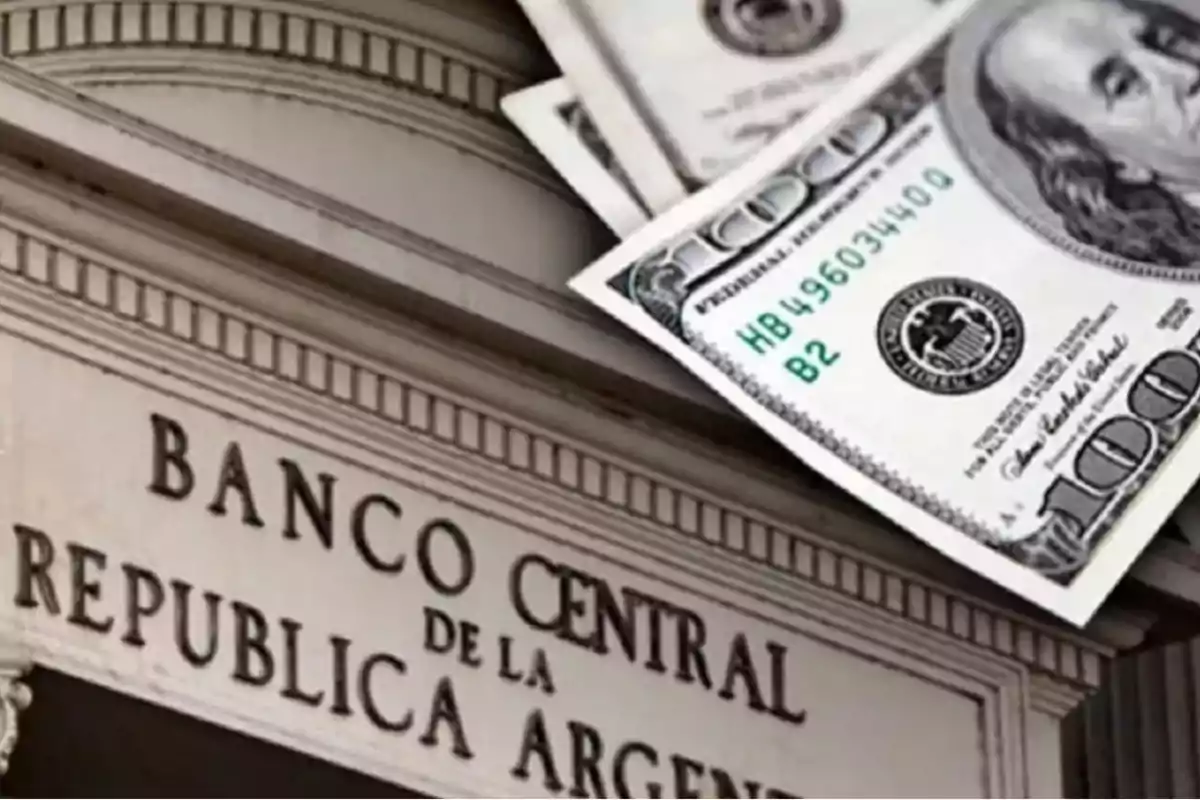 Facade of the Central Bank of the Argentine Republic with one hundred dollar bills superimposed. Facade of the Central Bank of the Argentine Republic with one hundred dollar bills superimposed.