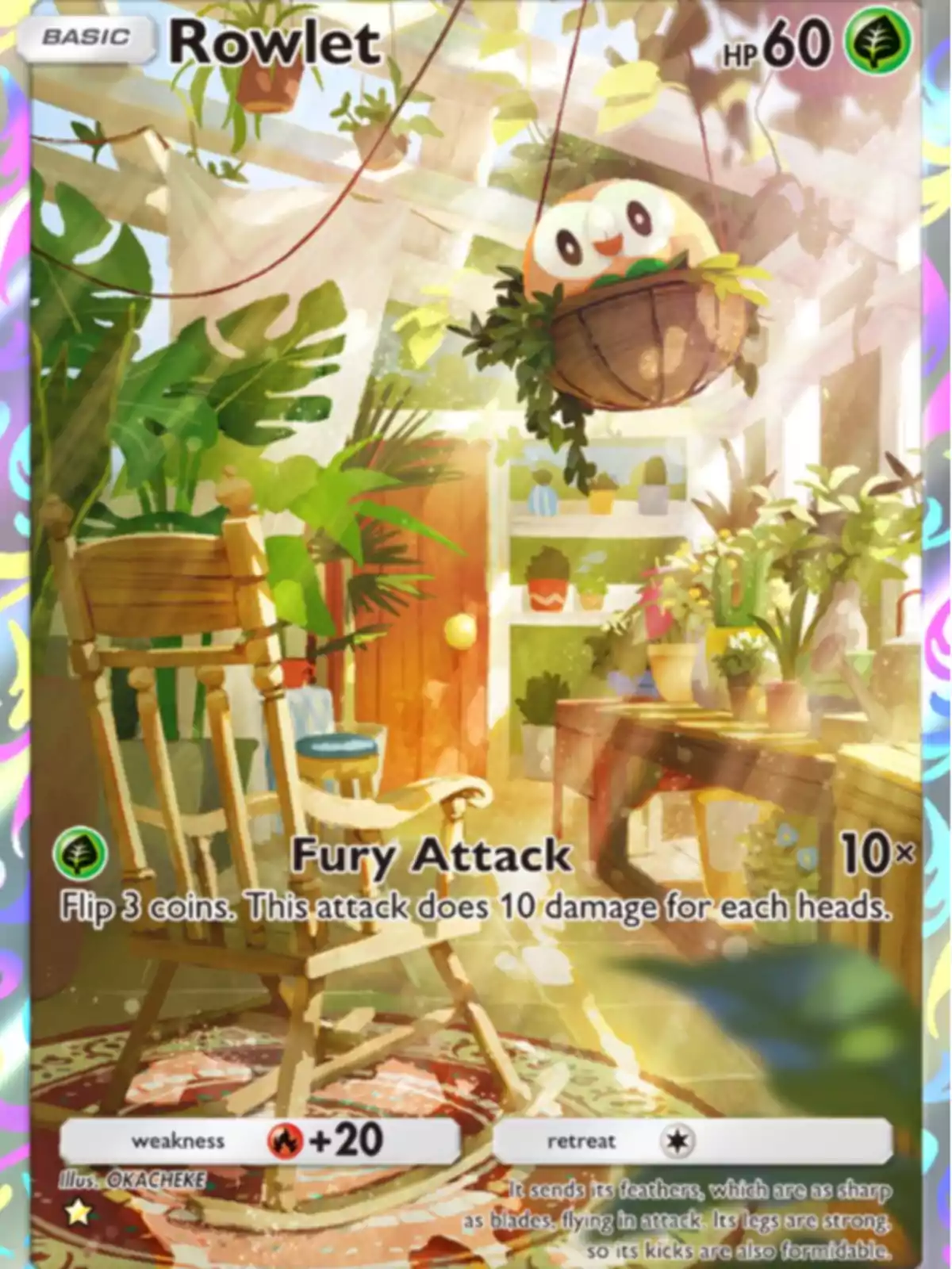 Una carta de Pokémon muestra a Rowlet en un ambiente acogedor lleno de plantas, con una mecedora de madera y una mesa al fondo; el ataque Una carta de Pokémon muestra a Rowlet en un ambiente acogedor lleno de plantas, con una mecedora de madera y una mesa al fondo; el ataque