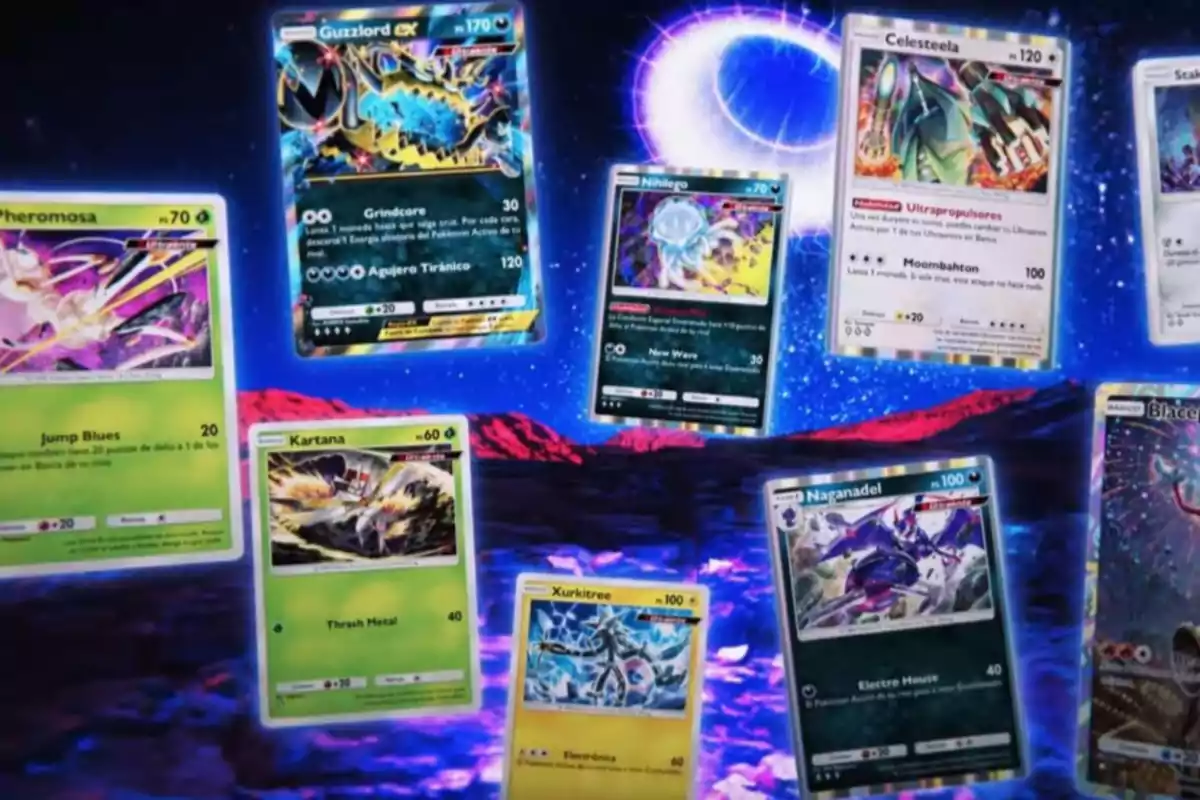 Un conjunto de cartas de Pokémon con un fondo cósmico y colores vibrantes. Un conjunto de cartas de Pokémon con un fondo cósmico y colores vibrantes.