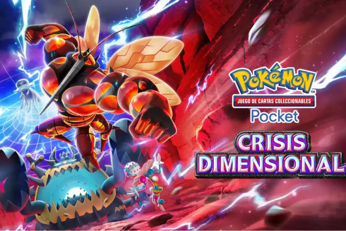 Imagen promocional del juego de cartas coleccionables Pokémon Pocket Crisis Dimensional con criaturas fantásticas en un entorno de batalla.