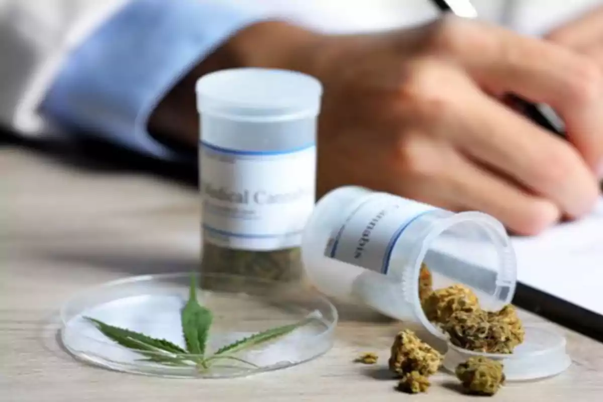 A jar of medical cannabis next to a marijuana leaf on a Petri dish and a person writing in the background. A jar of medical cannabis next to a marijuana leaf on a Petri dish and a person writing in the background.