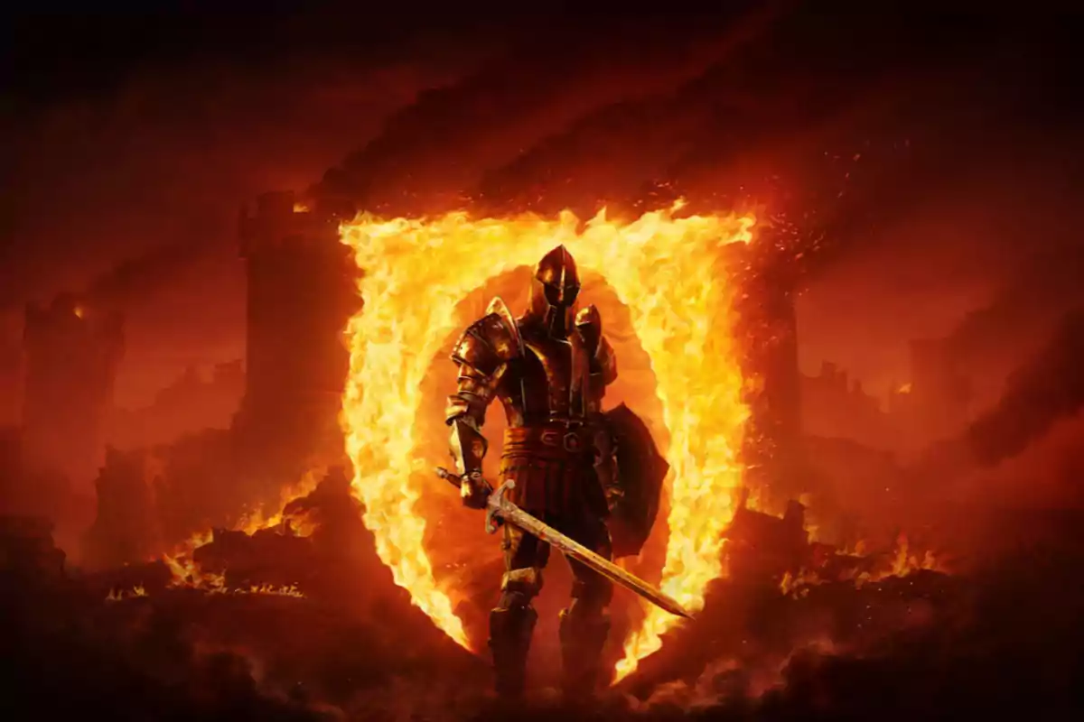 Un caballero medieval con armadura y espada de pie frente a un escudo de fuego en un paisaje oscuro y ardiente.