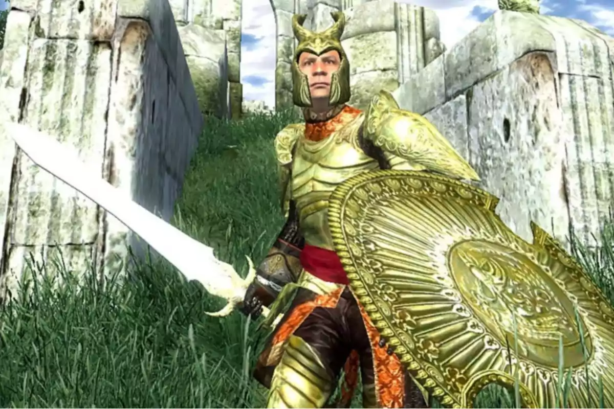 Un guerrero con armadura dorada y casco sostiene una espada y un escudo ornamentado mientras está de pie en un entorno de ruinas antiguas y hierba verde. Un guerrero con armadura dorada y casco sostiene una espada y un escudo ornamentado mientras está de pie en un entorno de ruinas antiguas y hierba verde.