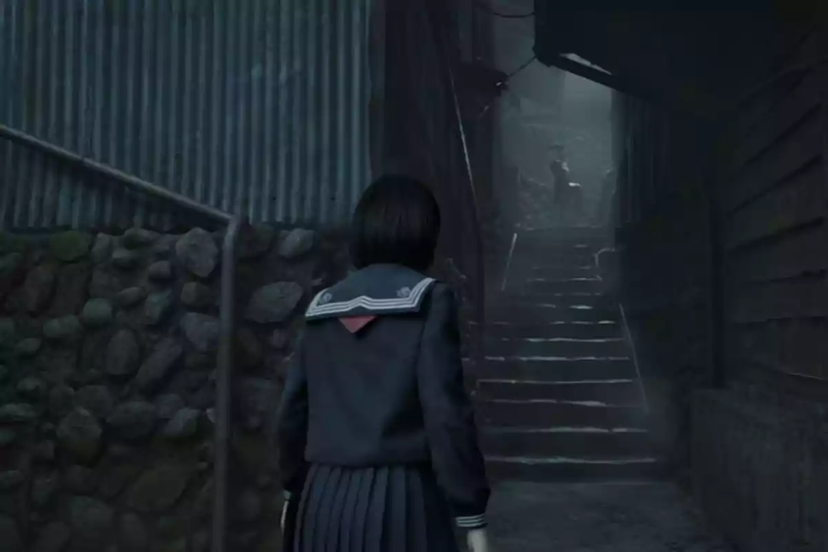 A person in a school uniform walks through a dark, narrow alley toward some stairs going up, with a blurry figure in the background. A person in a school uniform walks through a dark, narrow alley toward some stairs going up, with a blurry figure in the background.