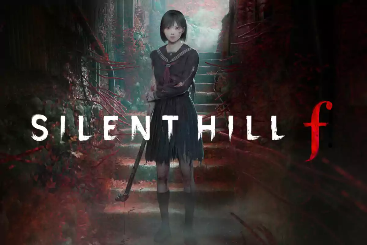 A young girl in a school uniform with a serious expression holds a metal bar in a dark and mysterious setting with red vegetation and the title "Silent Hill f" in large letters.