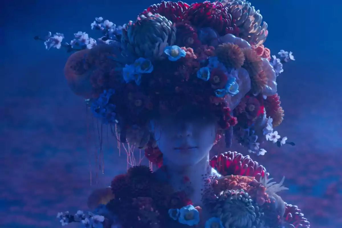 A person with an elaborate headdress of flowers in various colors in a blue setting. A person with an elaborate headdress of flowers in various colors in a blue setting.
