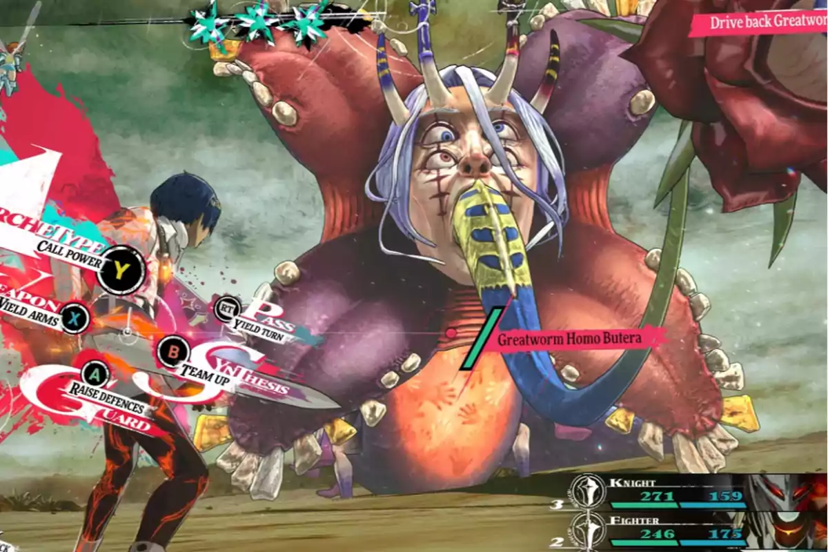 A video game character faces a giant creature with a monstrous appearance, while combat options and character statistics are displayed on the screen. A video game character faces a giant creature with a monstrous appearance, while combat options and character statistics are displayed on the screen.