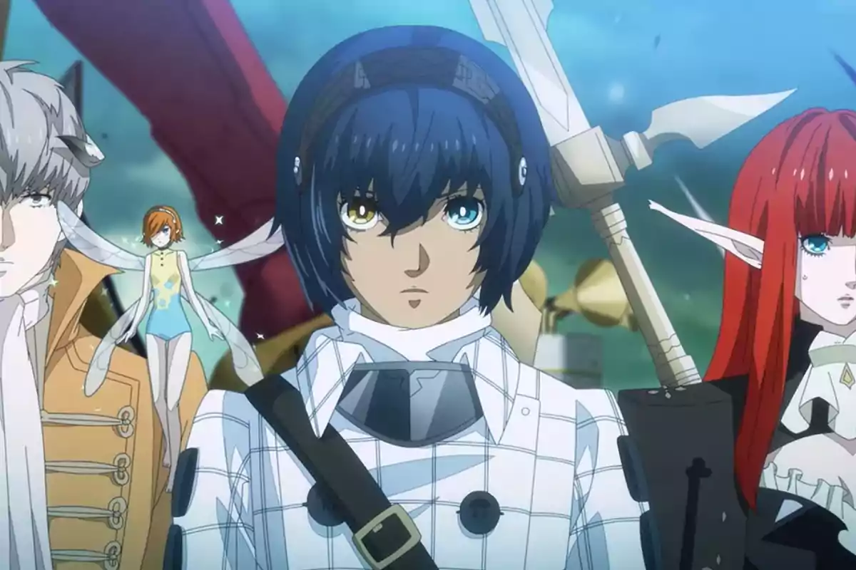 A group of anime characters with pointy ears and varied clothing, including a central character with blue hair and different colored eyes, holding a spear. A group of anime characters with pointy ears and varied clothing, including a central character with blue hair and different colored eyes, holding a spear.