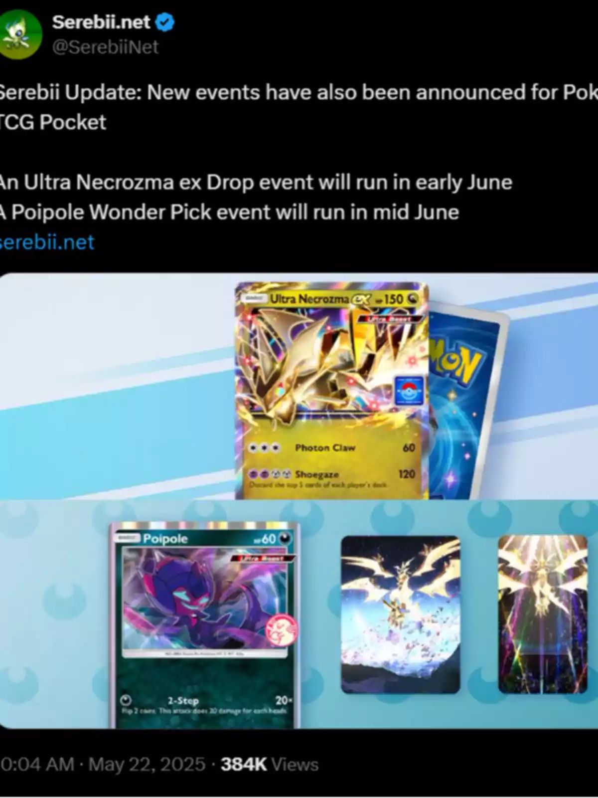 Actualización de Serebii: Se han anunciado nuevos eventos para Pokémon TCG Pocket, un evento de Ultra Necrozma ex Drop se llevará a cabo a principios de junio y un evento de Poipole Wonder Pick se realizará a mediados de junio. Actualización de Serebii: Se han anunciado nuevos eventos para Pokémon TCG Pocket, un evento de Ultra Necrozma ex Drop se llevará a cabo a principios de junio y un evento de Poipole Wonder Pick se realizará a mediados de junio.
