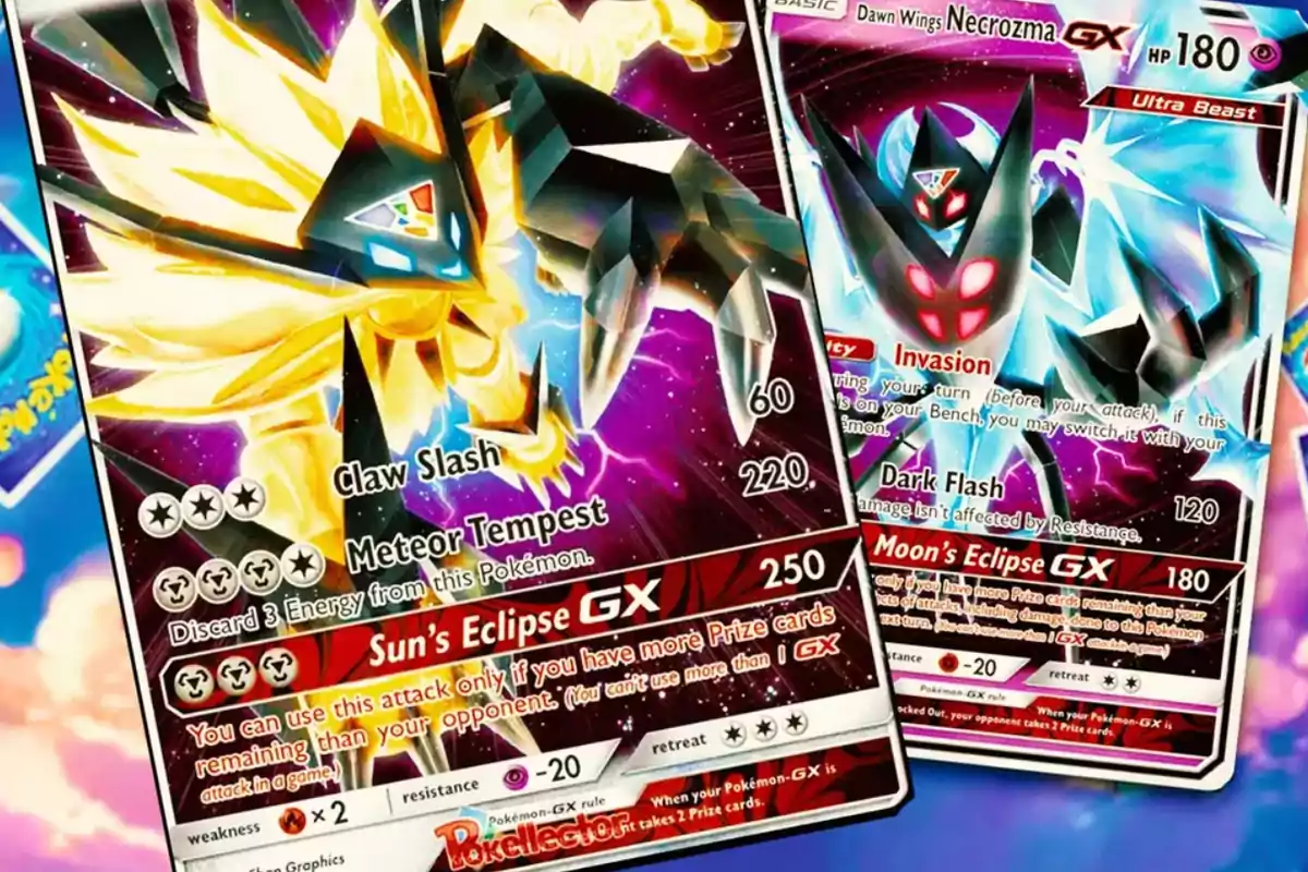 Dos cartas de Pokémon GX con ilustraciones coloridas y detalles de ataques y habilidades.