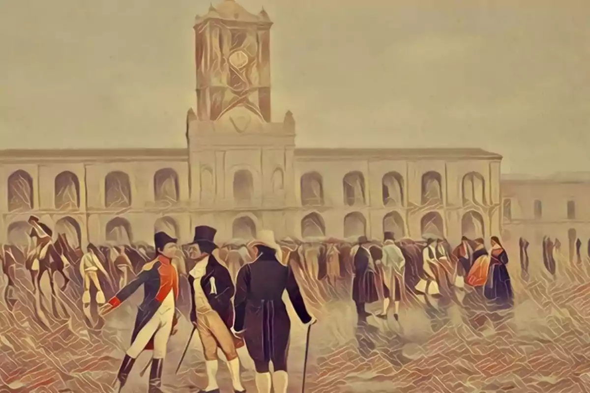 Una pintura que representa una escena histórica con personas vestidas de época reunidas frente a un edificio colonial. Una pintura que representa una escena histórica con personas vestidas de época reunidas frente a un edificio colonial.