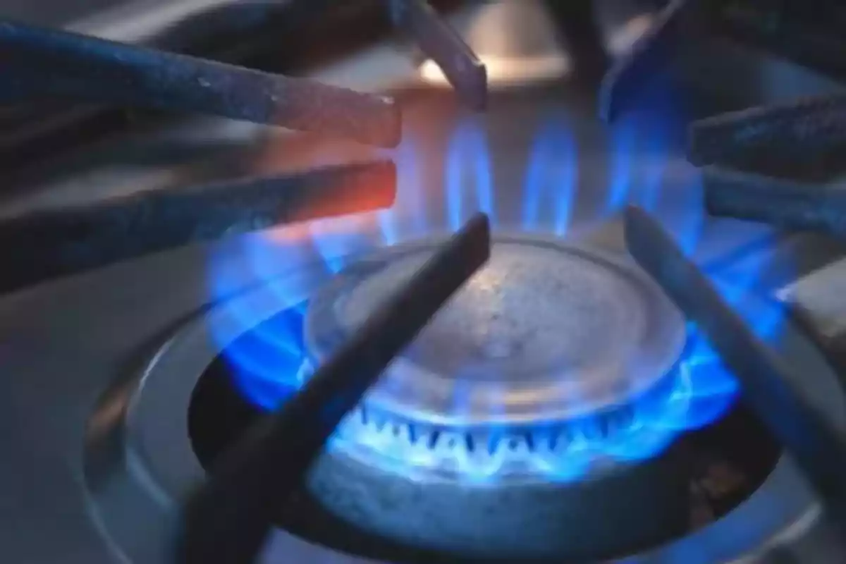 Flama azul encendida en una estufa de gas doméstica