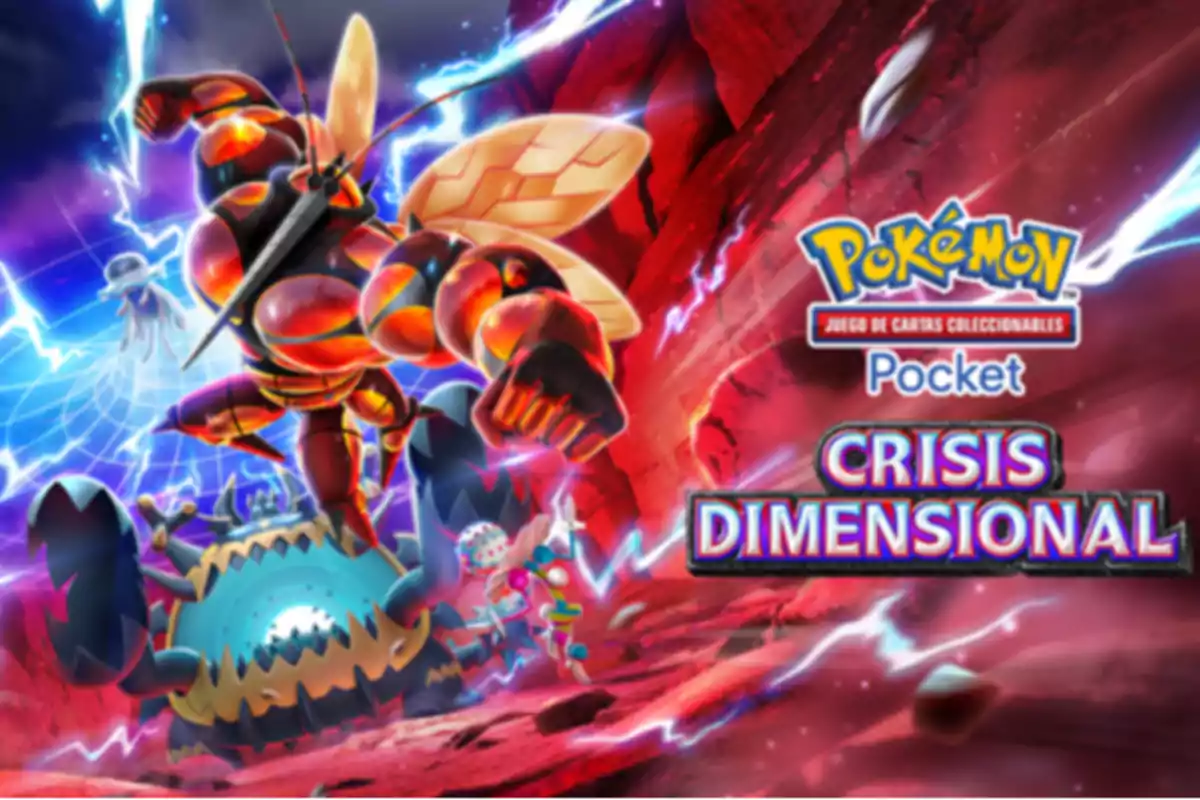 Portada colorida de Pokémon Pocket Crisis Dimensional con varios Pokémon en una batalla en un entorno de energía y rayos