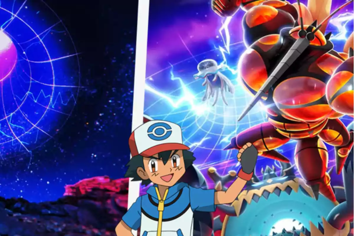 Entrenador Pokémon sonriente con gorra y guante al frente de criaturas legendarias en un fondo de energía azul y púrpura Entrenador Pokémon sonriente con gorra y guante al frente de criaturas legendarias en un fondo de energía azul y púrpura