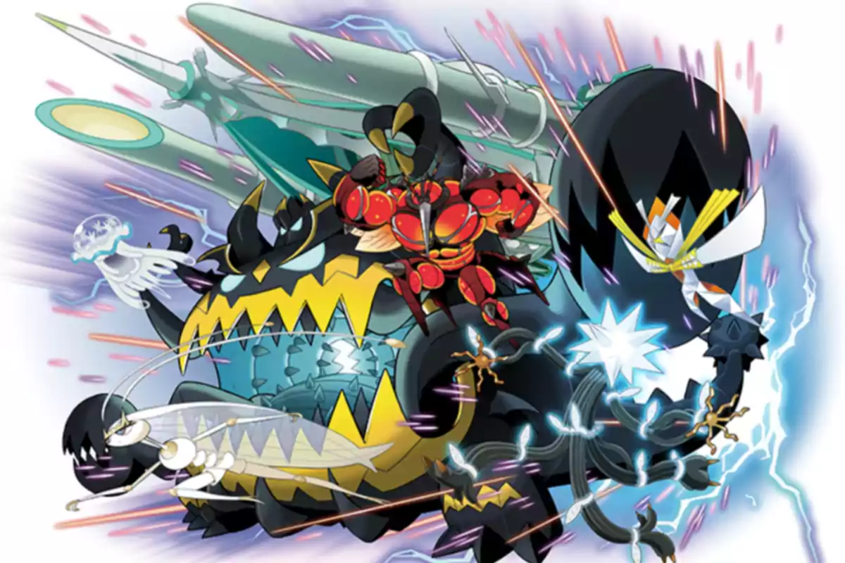 Varios Ultraentes de Pokémon en una escena dinámica mostrando sus habilidades y poderes rodeados de rayos y energía Varios Ultraentes de Pokémon en una escena dinámica mostrando sus habilidades y poderes rodeados de rayos y energía