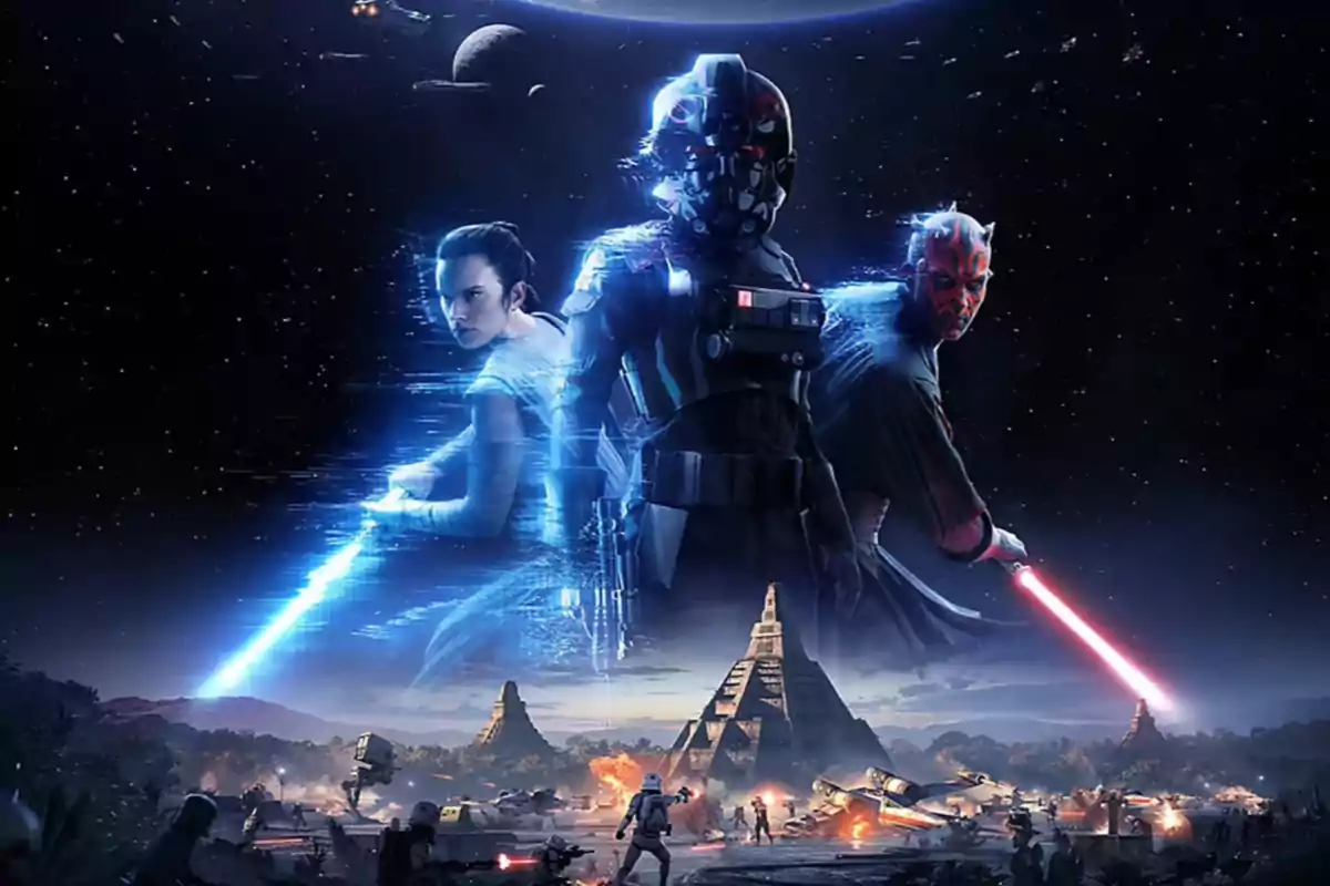 Three Star Wars characters with lightsabers and an imperial soldier in the center, while a battle on a planet and the starry space can be seen in the background. Three Star Wars characters with lightsabers and an imperial soldier in the center, while a battle on a planet and the starry space can be seen in the background.
