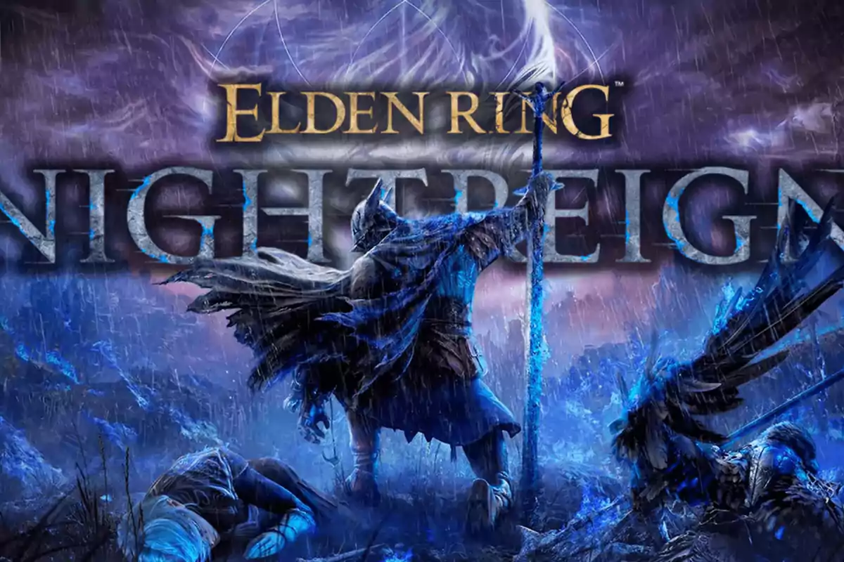 Portada de un videojuego con el título Elden Ring Night Reign mostrando a un guerrero con armadura y capa en un ambiente oscuro y lluvioso rodeado de figuras caídas y efectos de luz azul Portada de un videojuego con el título Elden Ring Night Reign mostrando a un guerrero con armadura y capa en un ambiente oscuro y lluvioso rodeado de figuras caídas y efectos de luz azul