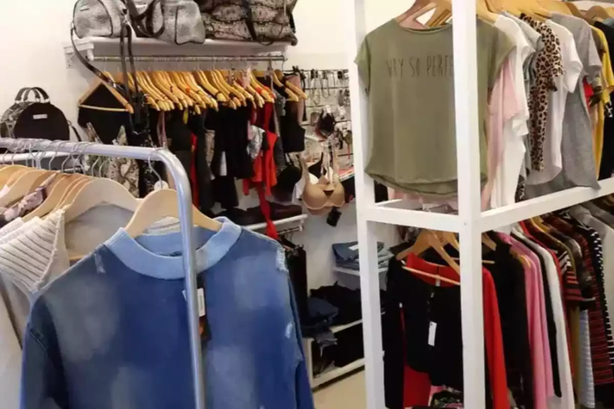 Ropa y accesorios organizados en percheros dentro de una tienda de moda femenina Ropa y accesorios organizados en percheros dentro de una tienda de moda femenina