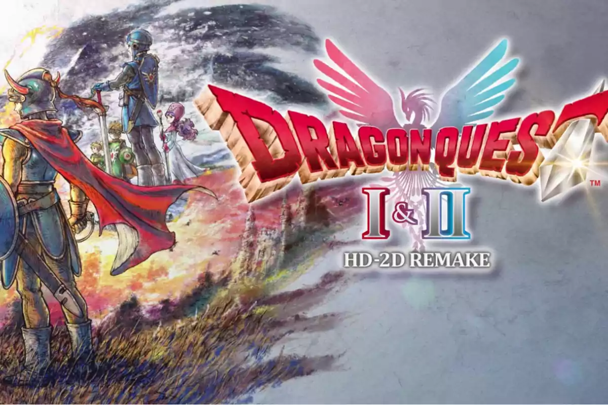 Arte promocional del remake HD-2D de Dragon Quest I y II mostrando a varios personajes con armaduras y capas frente a un paisaje fantástico y el logo del juego en grande