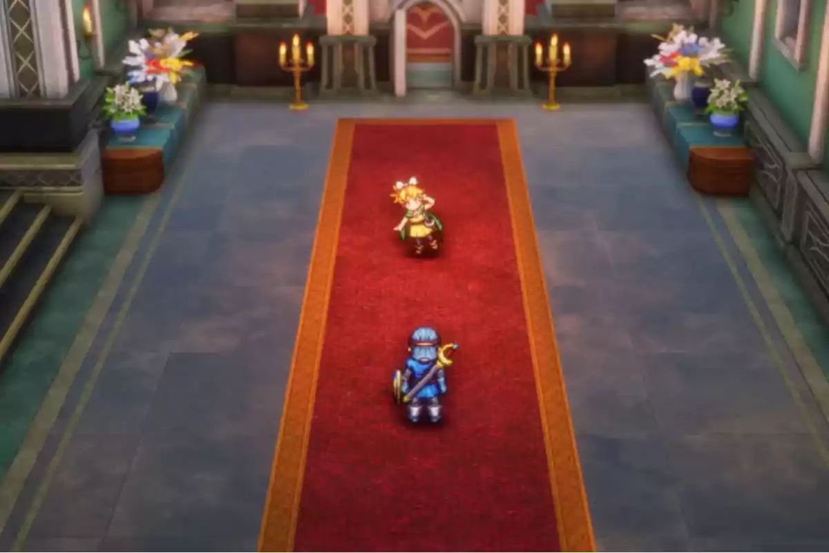 Dos personajes de estilo pixel art se encuentran en una alfombra roja dentro de un castillo decorado con flores y candelabros Dos personajes de estilo pixel art se encuentran en una alfombra roja dentro de un castillo decorado con flores y candelabros