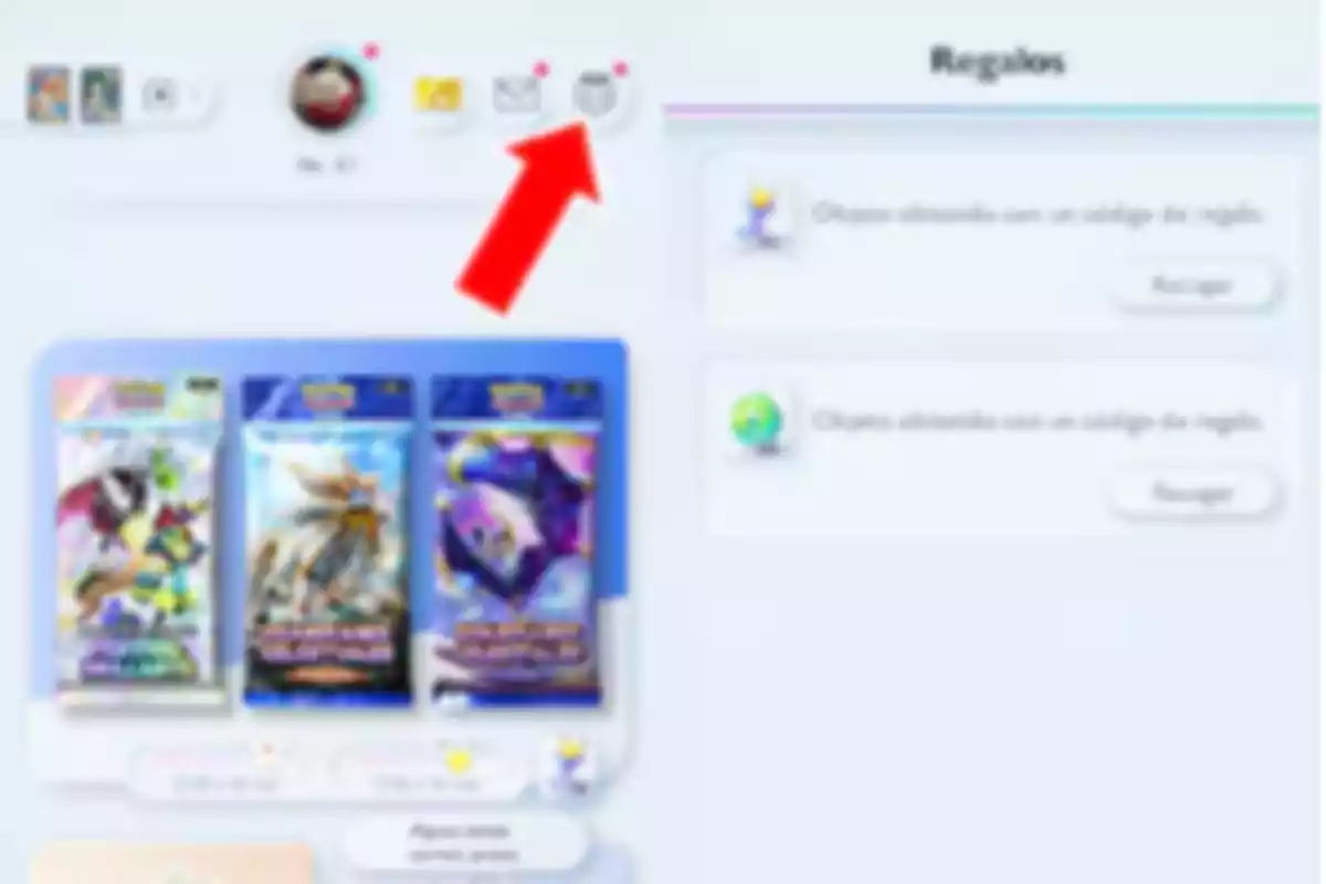 Pantalla borrosa de un videojuego de cartas con una flecha roja señalando un icono en la parte superior Pantalla borrosa de un videojuego de cartas con una flecha roja señalando un icono en la parte superior