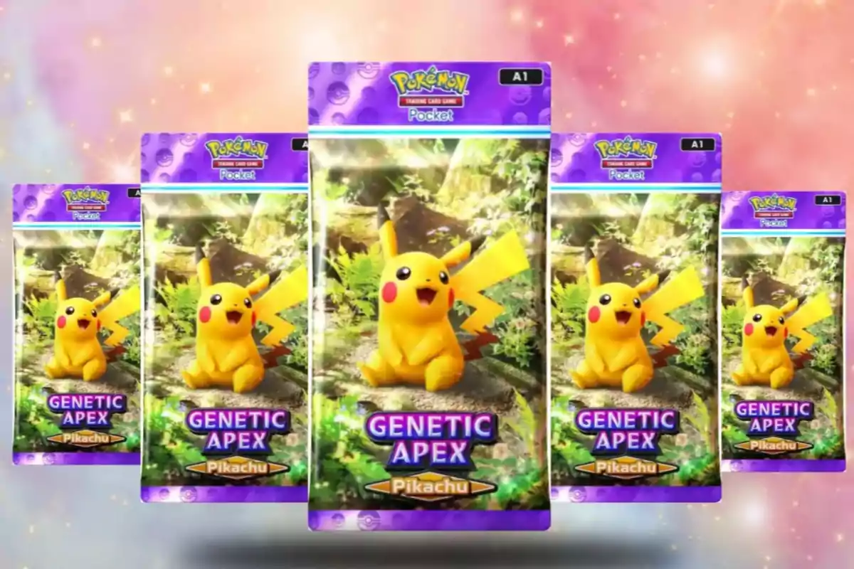 Cinco sobres digitales del juego Pokémon Trading Card Game Pocket con Pikachu y el texto Genetic Apex en un fondo colorido y brillante