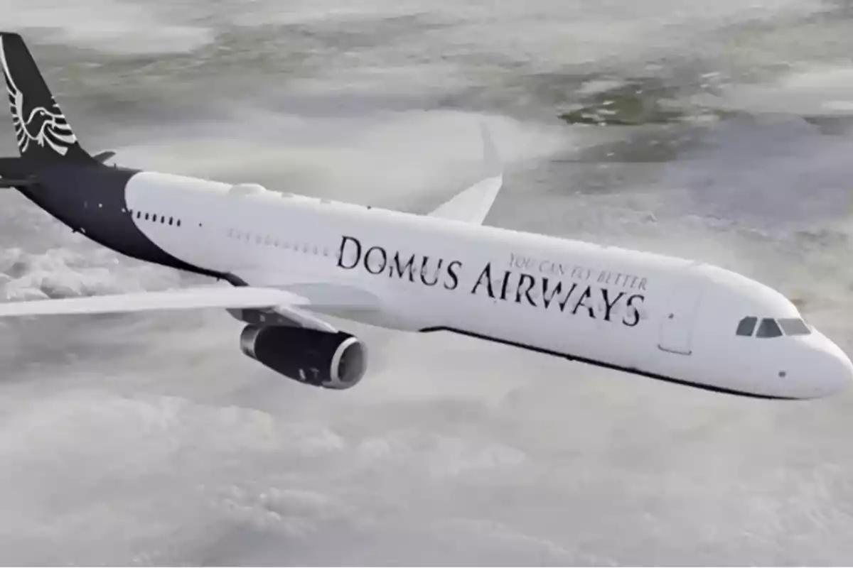 Black and white airplane from Domus Airways flying above the clouds