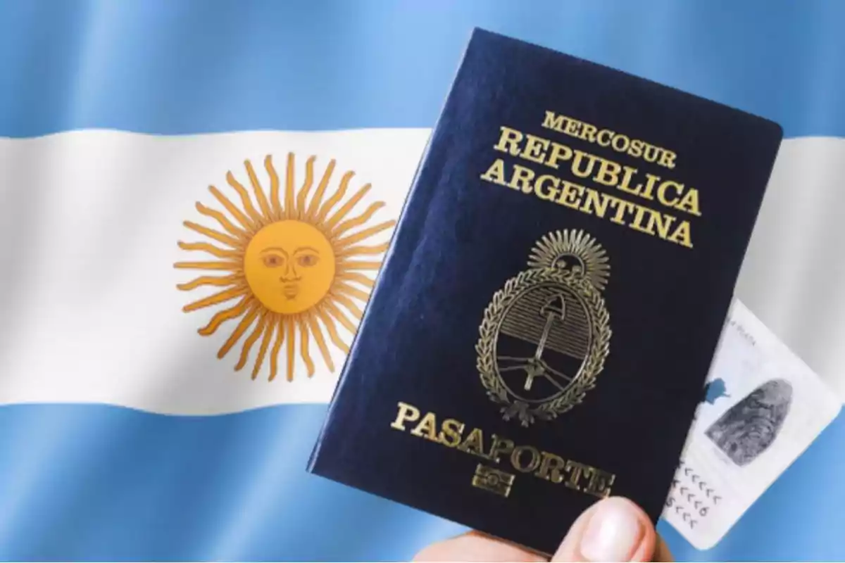Person holding an Argentine passport and an ID card in front of an Argentine flag. Person holding an Argentine passport and an ID card in front of an Argentine flag.