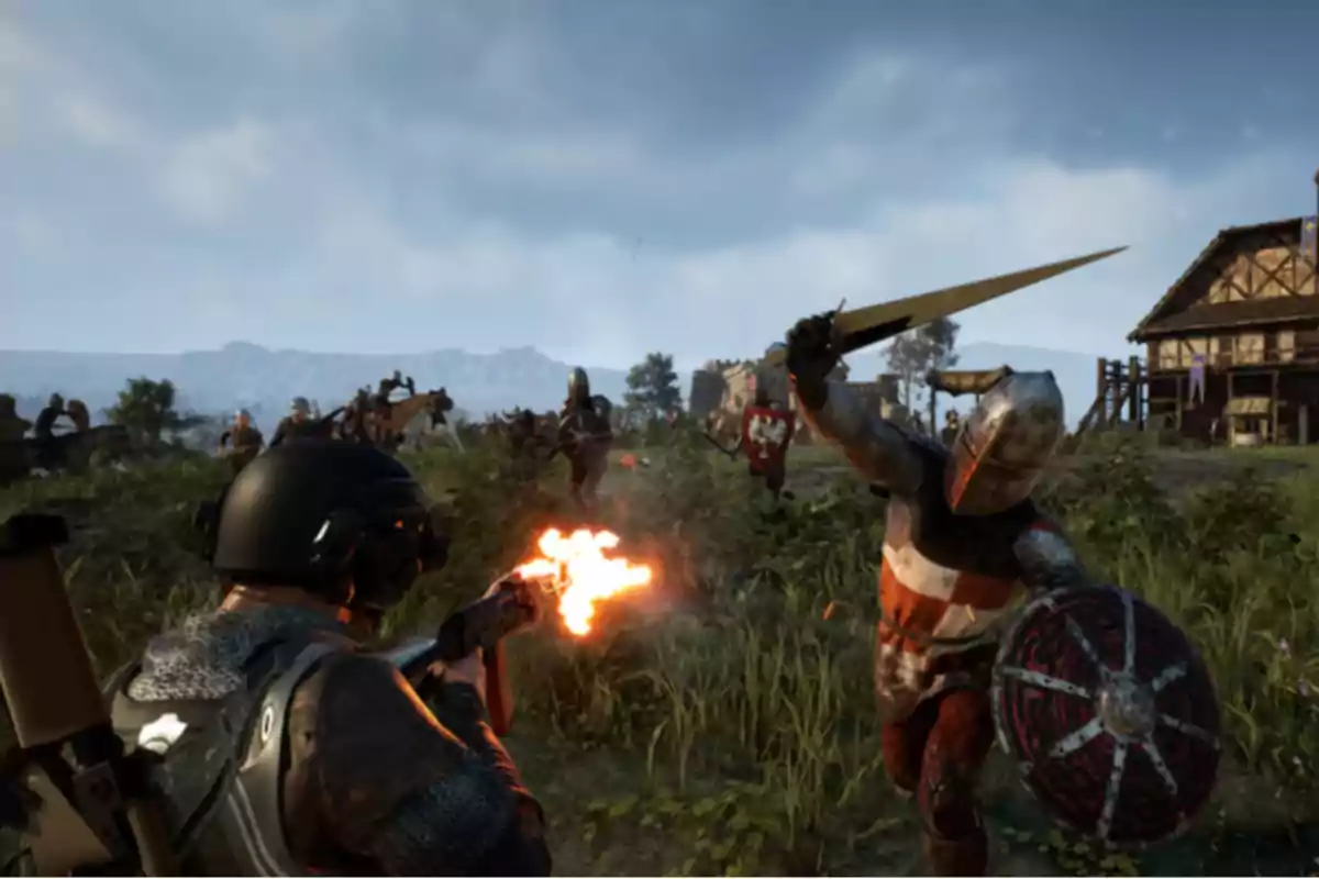 A modern soldier fires a weapon while a medieval knight with a sword and shield faces him on a battlefield with more fighters in the background. A modern soldier fires a weapon while a medieval knight with a sword and shield faces him on a battlefield with more fighters in the background.