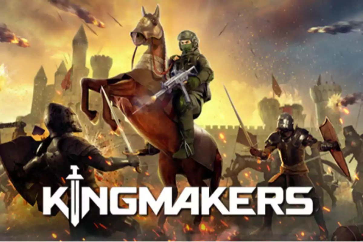 A modern soldier on horseback holds a weapon in the middle of a medieval battle with knights and castles in the background as the title Kingmakers appears at the bottom.
