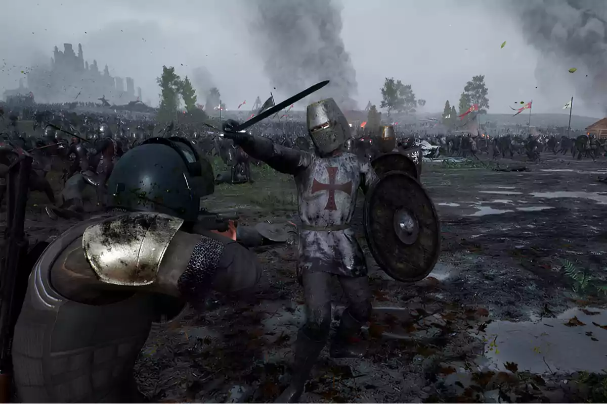 A medieval knight in armor and shield faces a modern armed soldier in the midst of a chaotic battle with smoke and a castle in the background. A medieval knight in armor and shield faces a modern armed soldier in the midst of a chaotic battle with smoke and a castle in the background.