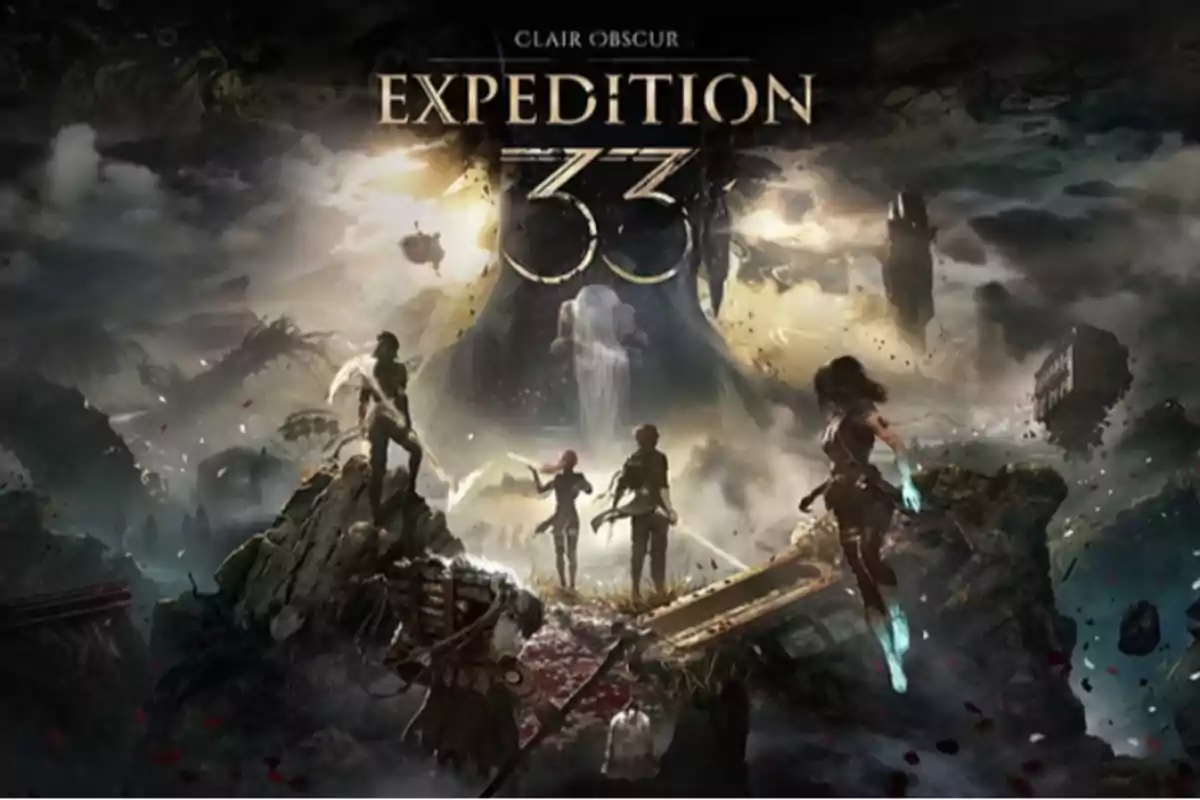 Five characters observe a fantastic and dark landscape with a large structure in the background and the title Expedition 33 at the top. Five characters observe a fantastic and dark landscape with a large structure in the background and the title Expedition 33 at the top.