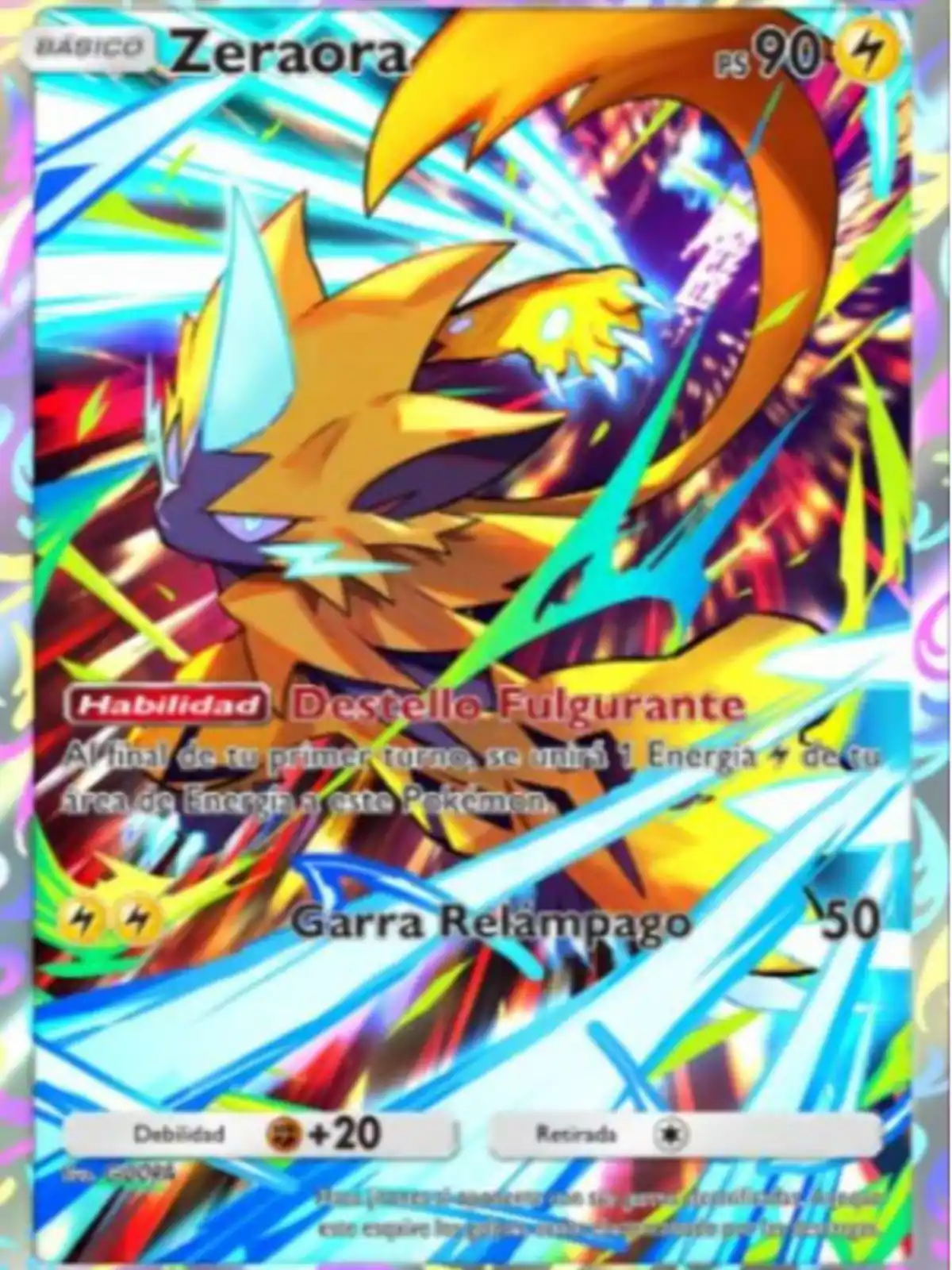 Carta de Pokémon de Zeraora con un diseño colorido y brillante, mostrando al Pokémon en una pose dinámica rodeado de rayos y destellos eléctricos Carta de Pokémon de Zeraora con un diseño colorido y brillante, mostrando al Pokémon en una pose dinámica rodeado de rayos y destellos eléctricos