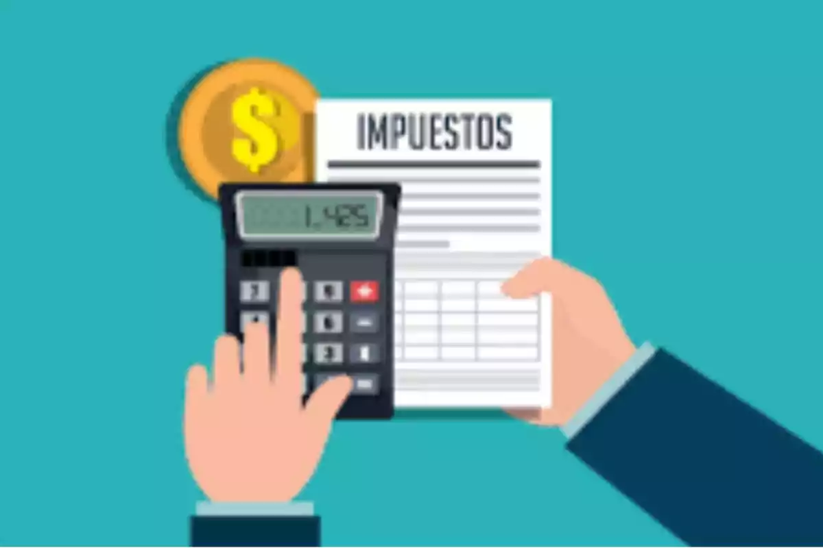 Persona usando una calculadora mientras sostiene un documento de impuestos con un símbolo de dinero al fondo Persona usando una calculadora mientras sostiene un documento de impuestos con un símbolo de dinero al fondo