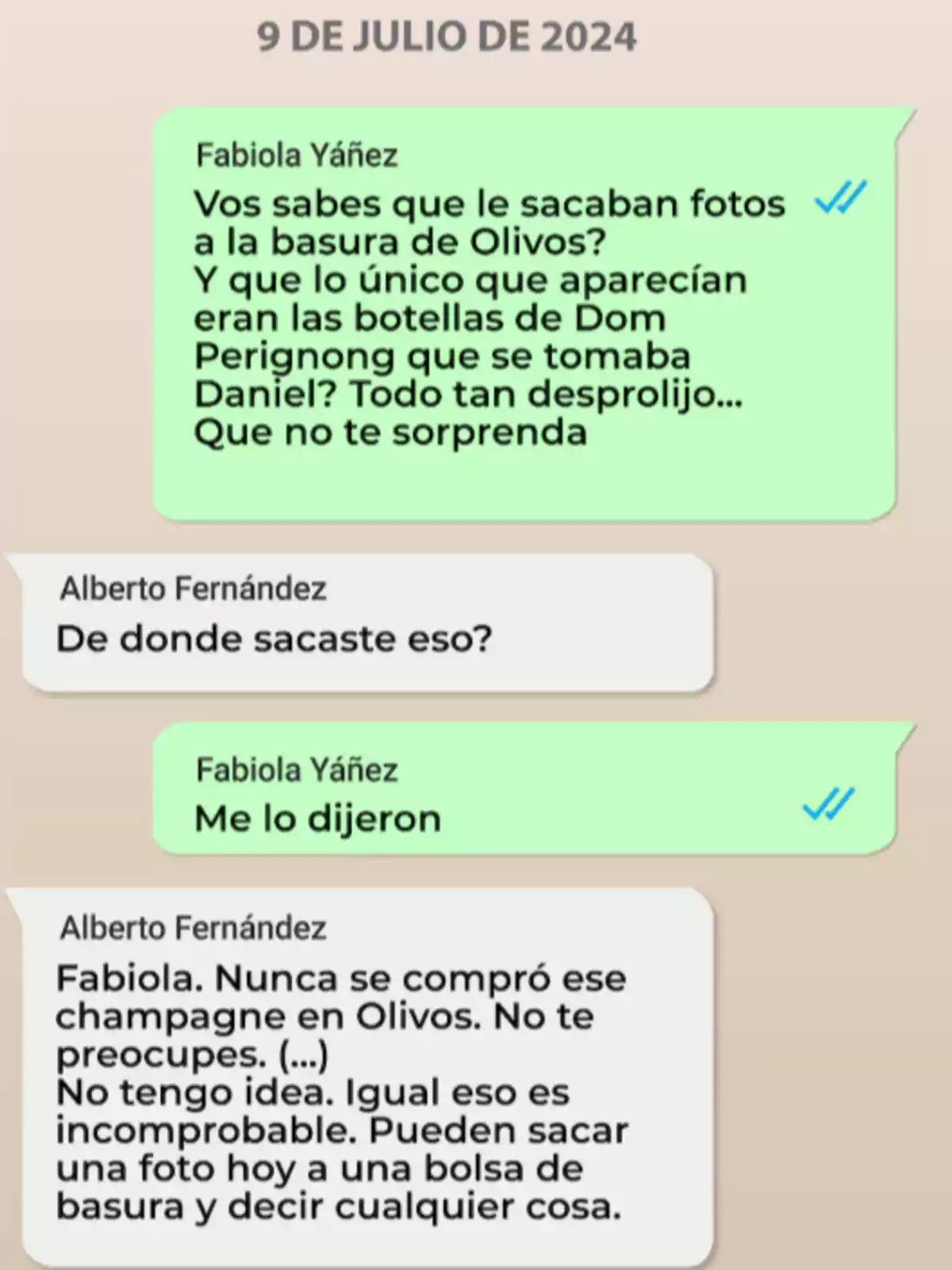 Captura de pantalla de una conversación de WhatsApp entre Fabiola Yáñez y Alberto Fernández fechada el 9 de julio de 2024, donde hablan sobre fotos a la basura de Olivos y la aparición de botellas de Dom Perignon Captura de pantalla de una conversación de WhatsApp entre Fabiola Yáñez y Alberto Fernández fechada el 9 de julio de 2024, donde hablan sobre fotos a la basura de Olivos y la aparición de botellas de Dom Perignon